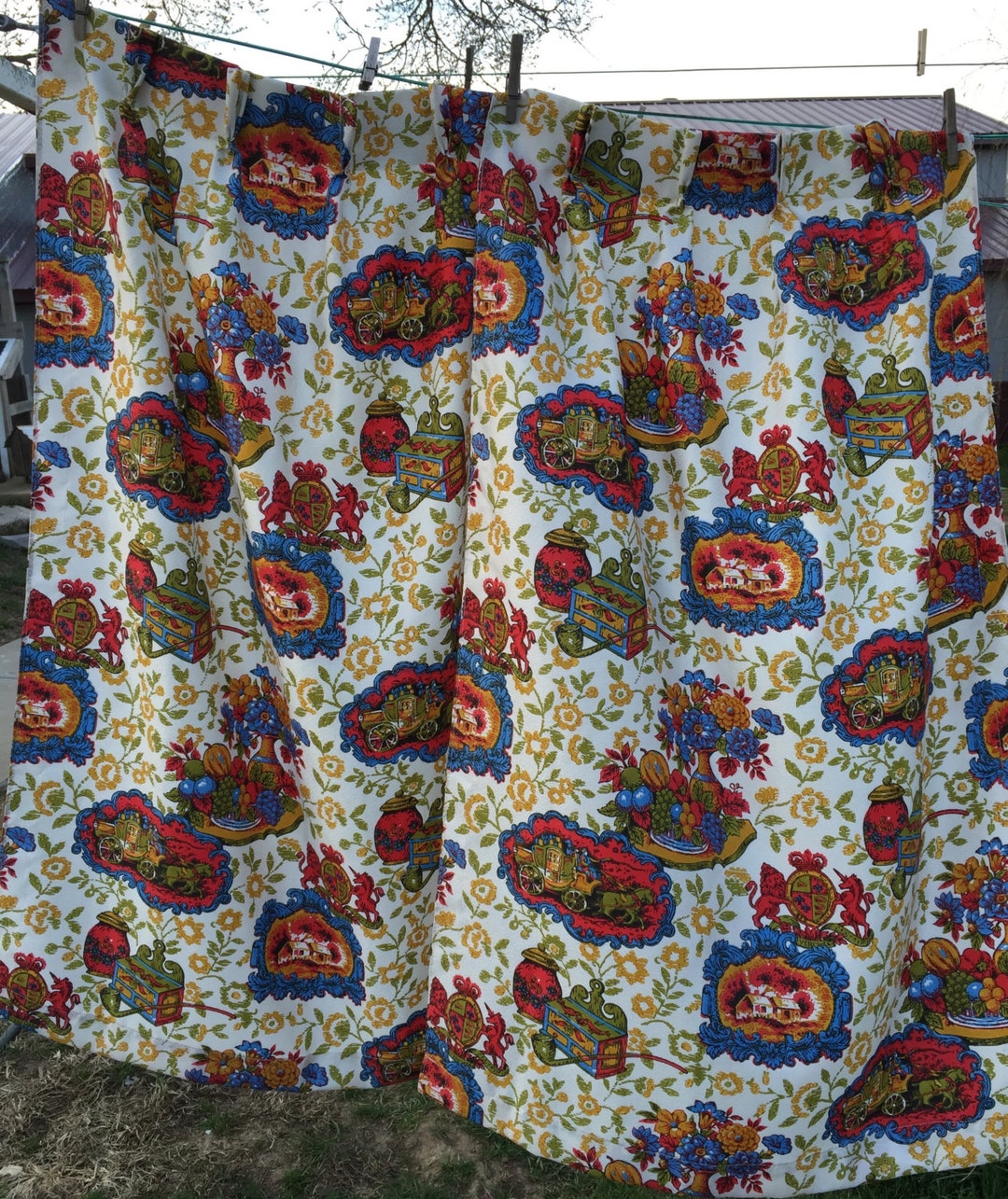 Pair of Vintage Red and Blue Kitchen Print 100 Glass Fiber Curtain