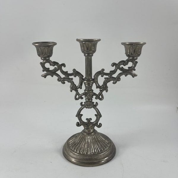 Vintage Small Silver Toned Filigree Triple Ornate Candleholder