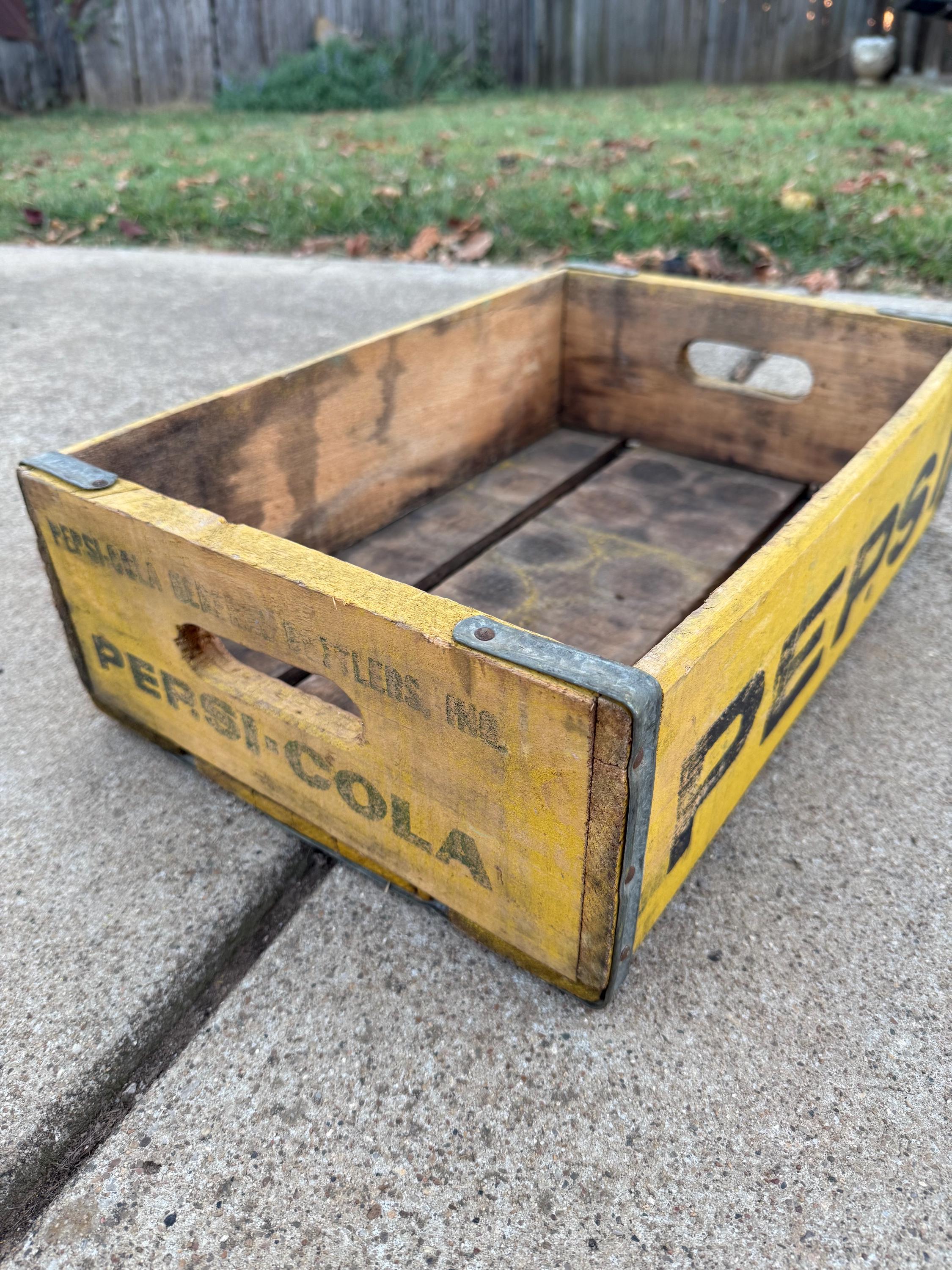 Vintage PEPSI COLA Wooden Soda Crate Case Tray Mustard Paint Color