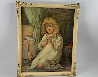 vintage Off White With Goldtone Trim Encadré The Morning Prayer Print Little Girl Praying