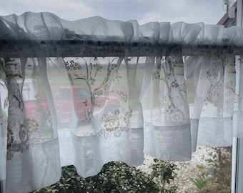 Vintage White Sheer Curtain Valance with Pagoda and Flowers