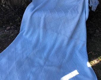 Vintage Large Hand Crochet Baby Blue Afghan with Fringe