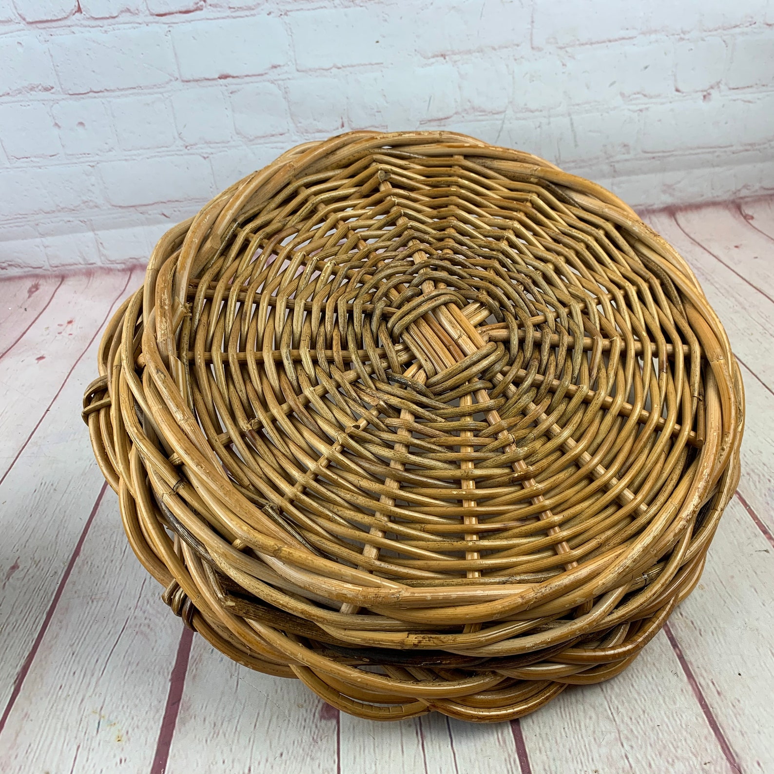 Vintage Large Round Wicker Basket With Handles Great For Use Etsy