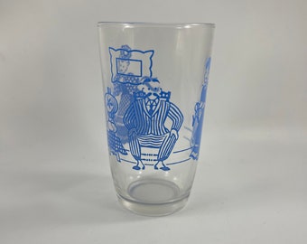 Vintage SWANKY SWIG 1950er Jahre Juice Glass mit blauem, wunderlichen Mann und Frau Design