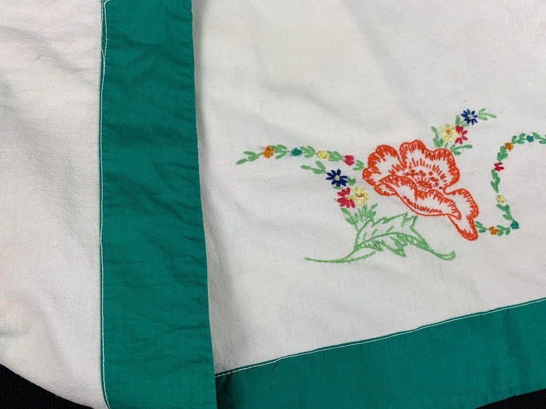 Possibly Old Feedsacks Pillowcases with Hand Embroidery Flowers Pair of Vintage Handmade Green and White Cotton