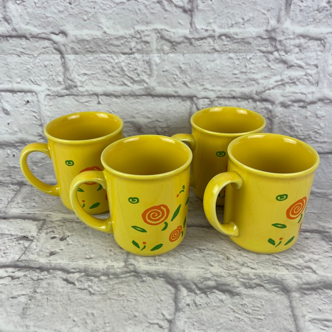 Set of 4 Vintage 1980s Era Yellow Coffee Cups or Mugs With Orange