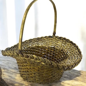 Vintage Solid Brass Woven Basket with Handle