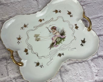 Vintage Adalt Art Nouveau Porcelain Dresser Tray Butterfly Shape with Cherub Fairy