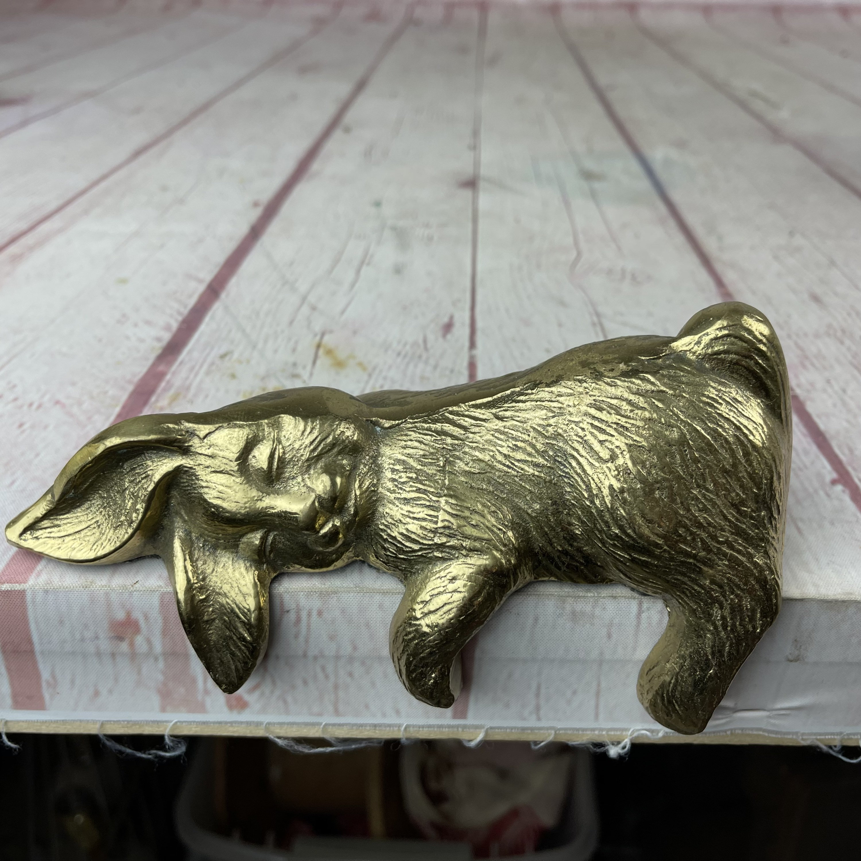 Vintage Heavy Solid Brass Sleeping Rabbit Bunny Figurine Shelf Sitter 