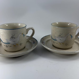 TWO Vintage International China MARMALADE Stoneware Goose Geese Cups and Saucers