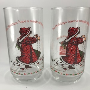 Pair of Vintage Holly Hobbie Coca Cola Christmas Collector Drinking Glasses