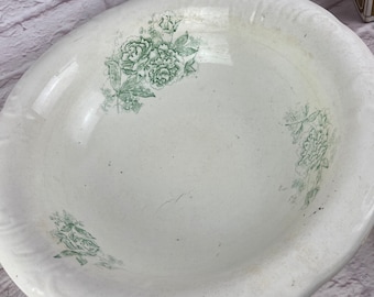 Antique Vintage Ironstone Large China Bowl Wash Basin Green Transferware Flowers