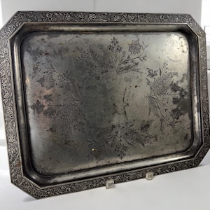 Vintage Silverplate Rectangle Tray with Floral Etching and Fern Leaves