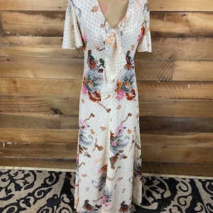 Vintage 1970’s Era Handmade Beige Nylon or Rayon With Floral Print and Gold Thread Design Maxi Dress Short Sleeves & Scarf Type Tie at Chest