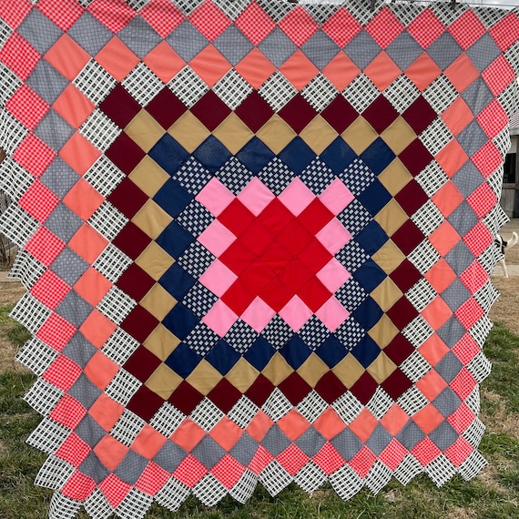 Vintage Machine Pieced Polyester Double Knit Patchwork Trip