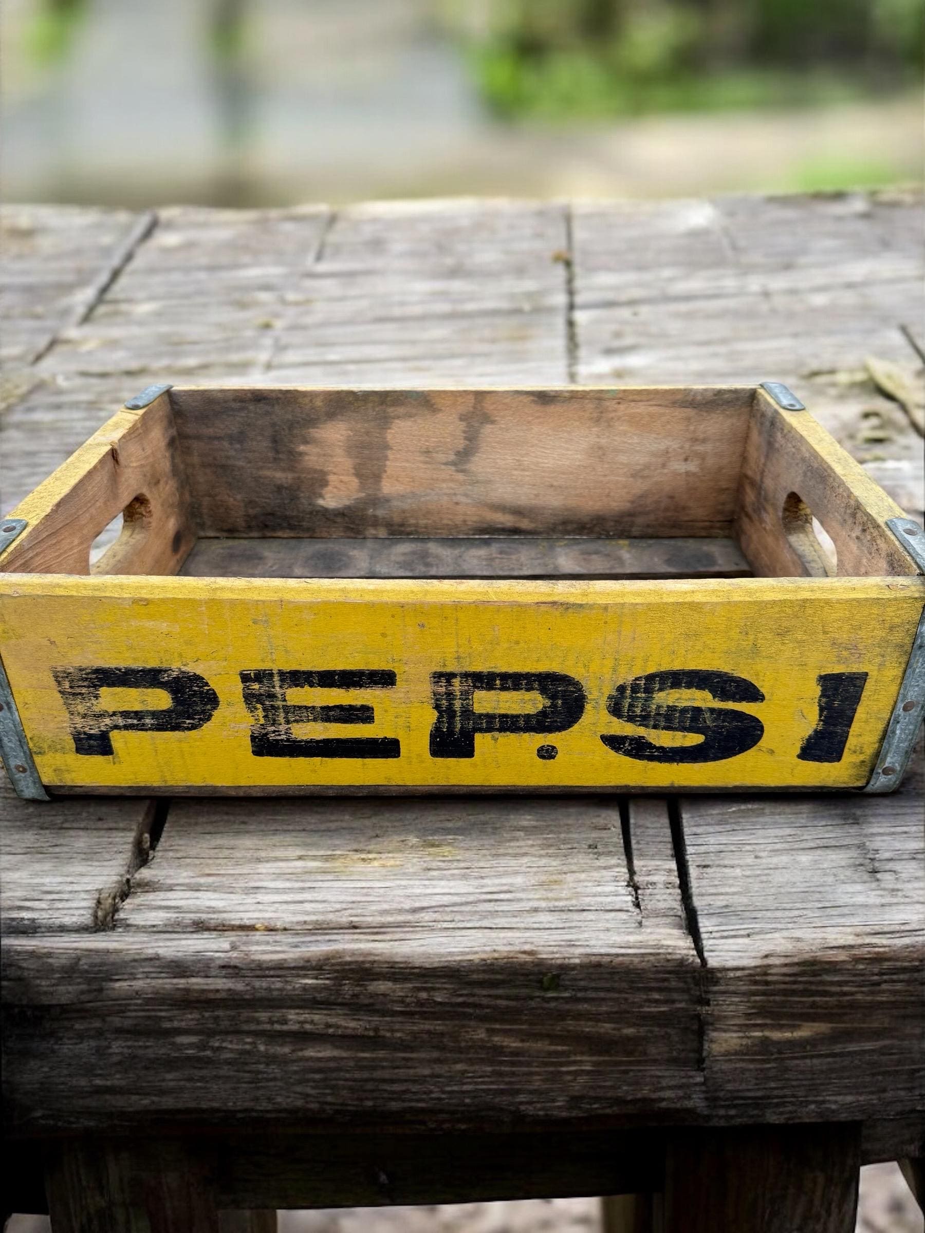 Vintage PEPSI COLA Wooden Soda Crate Case Tray Mustard Paint Color
