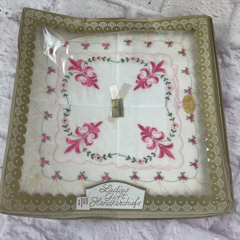Pair of Vintage NIB Ladies White Cotton Hankies Handkerchiefs With Pink Flowers image 2