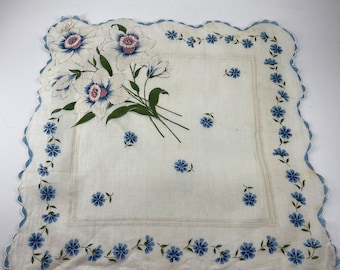 Vintage Blue and White Floral Print Ladies Hankie Handkerchief