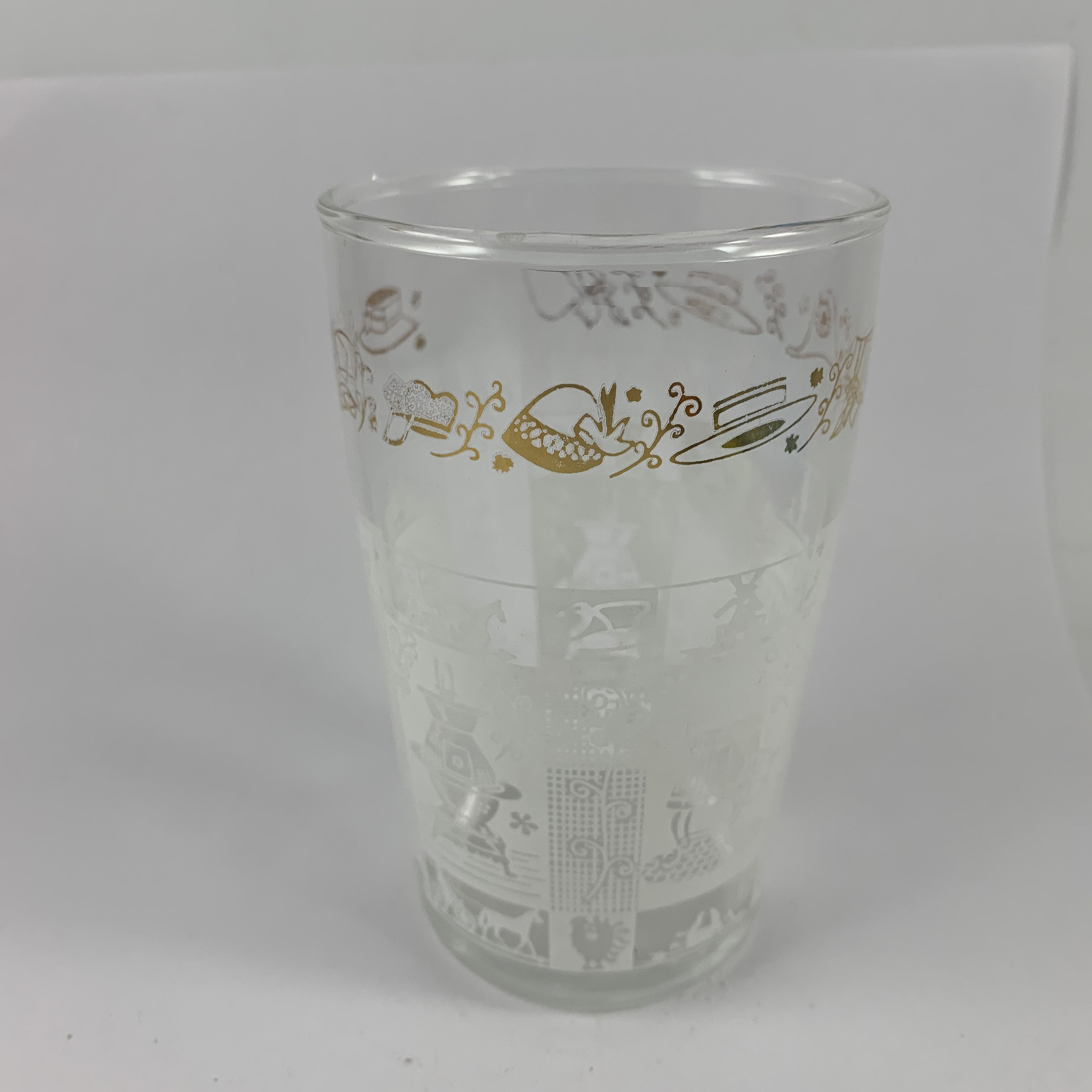 ヴィンテージ SWANKY SWIG 1950 年代のジュース グラス、白と金の 
