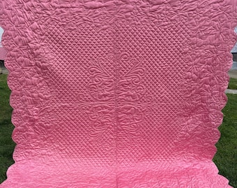 Vintage Hand Quilted Whole Cloth Bright Pink Hand Stitched Quilt Scalloped Edges