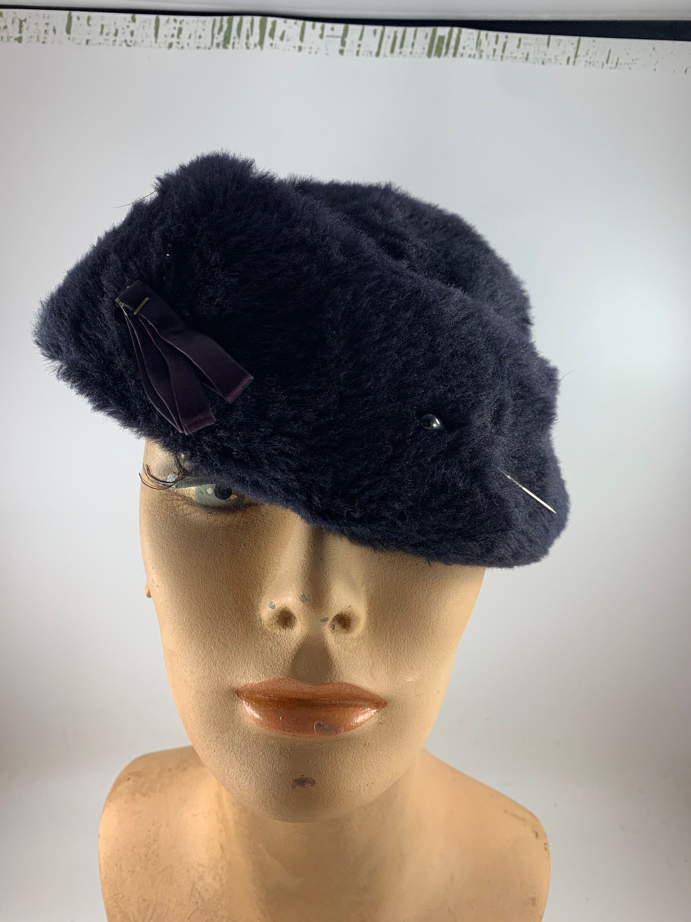 Vintage Navy Blue Faux Fur Hat With Hat 
