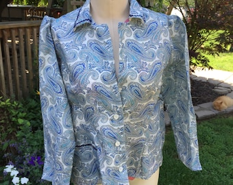 Vintage Blue Cotton Paisley Print Ladies' Unlined Blazer Jacket with Blue Rick Rack Trim Feed Sack