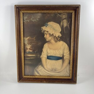 Vintage Framed Lithograph Sweet Dainty Colonial Young Girl