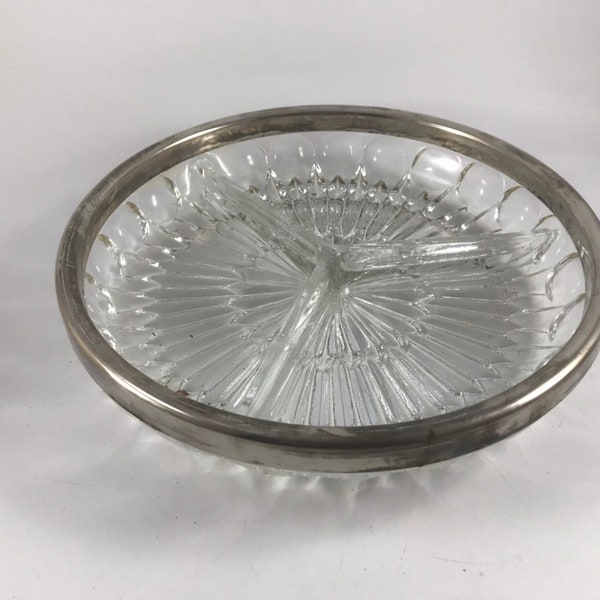 Vintage Clear Heavy Glass w/ Silverplate Trim Italian Divided Relish Tray Serving Dish.