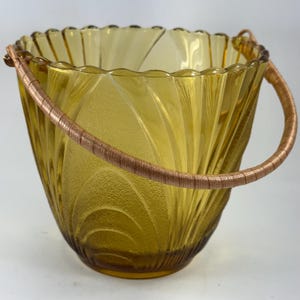 Vintage 1970’s Era Brockway Glass Co Gold Nouveau Amber Glass Ice Bucket with Rattan Handle