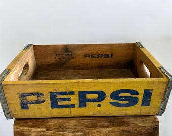 Vintage PEPSI COLA Wooden Soda Crate Case Tray Mustard Paint Color