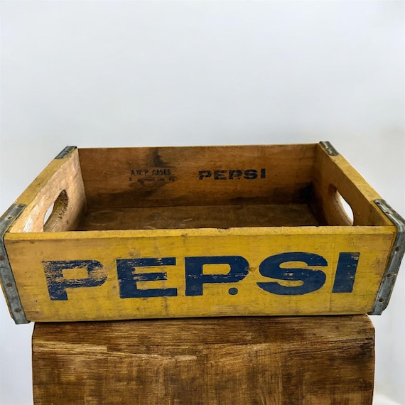 Vintage PEPSI COLA Wooden Soda Crate Case Tray Mustard Paint Color