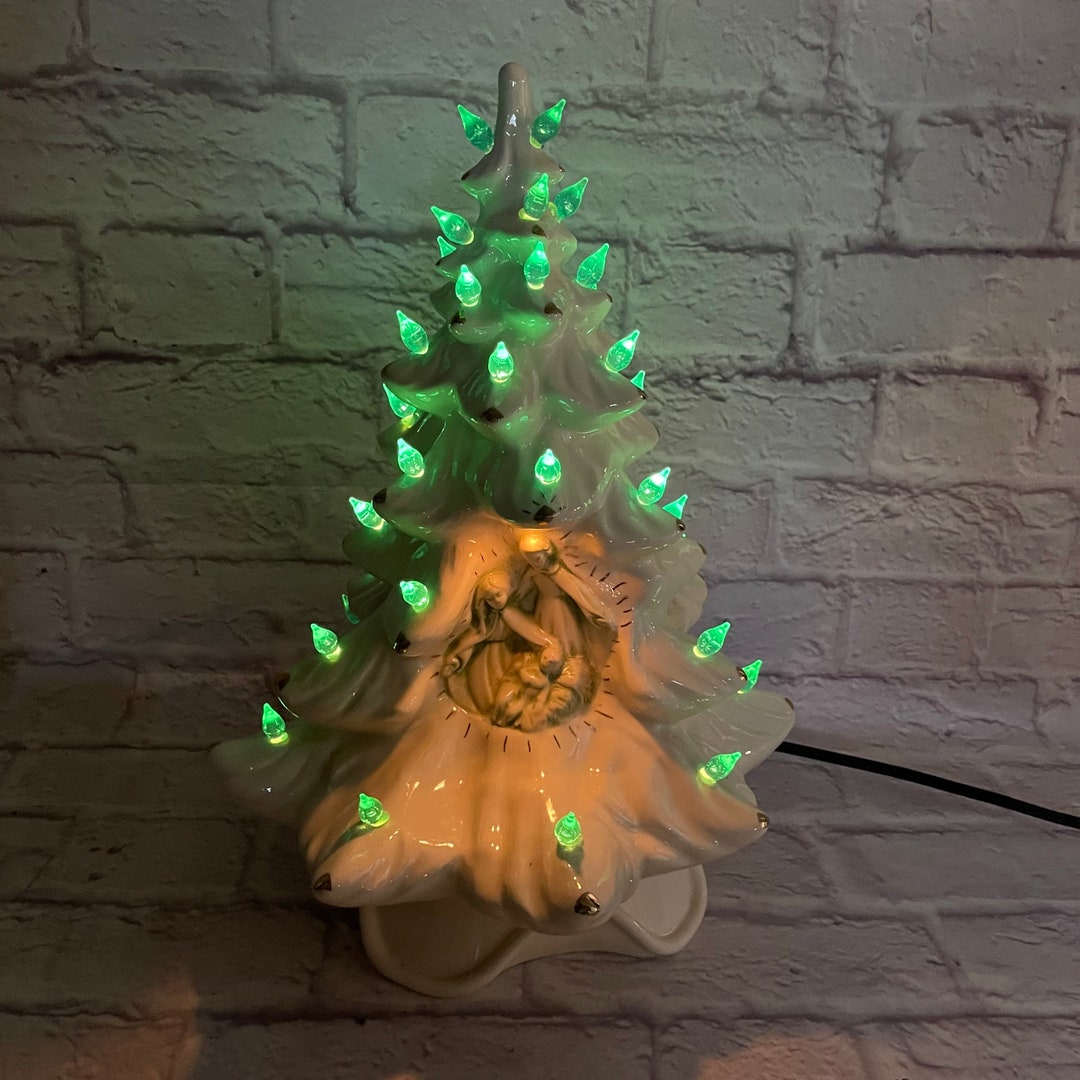 Vintage White Ceramic Christmas Tree Electric Light With Manger Scene