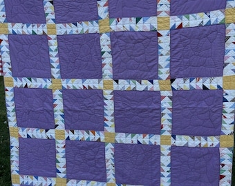 Vintage Hand Quilted Lattice of Wild Geese Pattern Quilt With Embroidery Flowers Purple