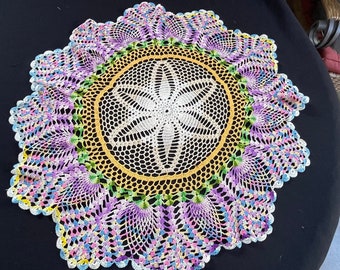 Vintage Hand Crochet Multi Colored Star Pattern Large Doily or Table Topper