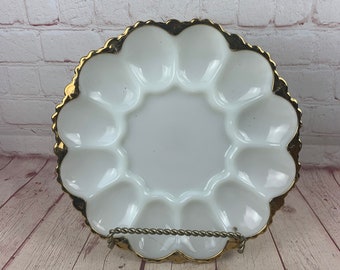 Vintage Fire King White Milkglass Egg or Oyster Plate Tray Egg Plate Gold Trim