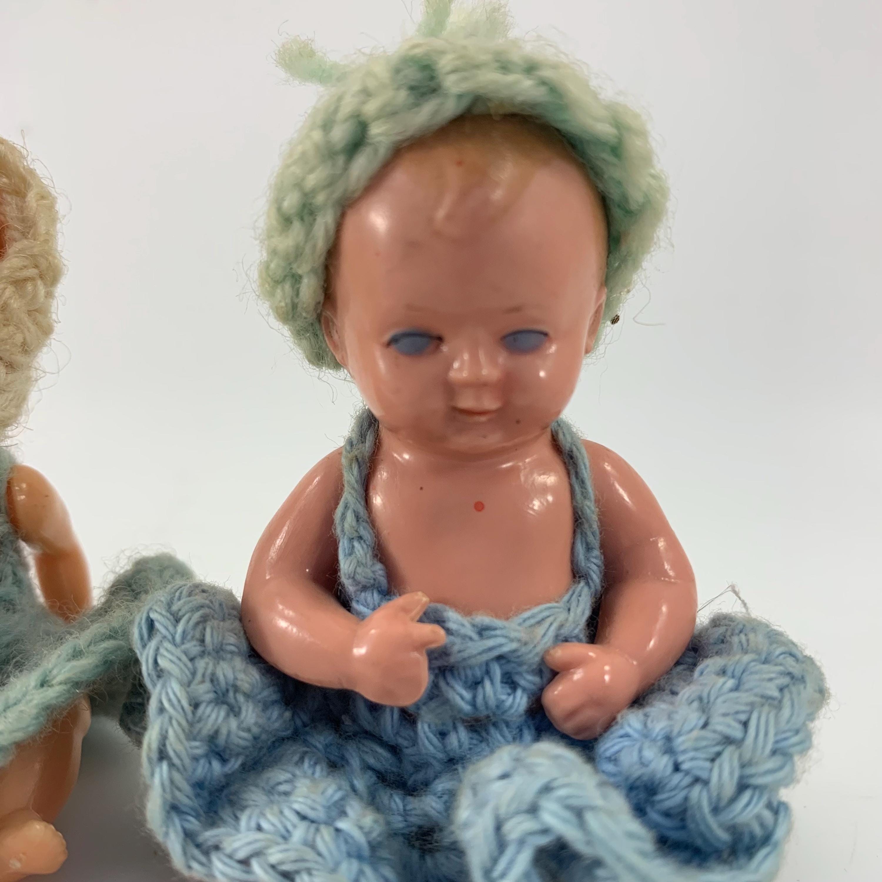 Pair of Vintage Plastic Miniature Baby Dolls With Crochet Clothing