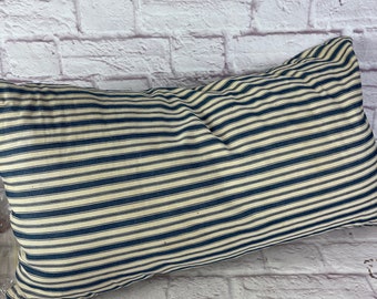 Vintage Indigo Blue and Khaki Stripe Ticking Feather Pillow