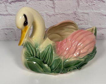 Vintage Glazed Ceramic Large Swan Planter Pink and Green