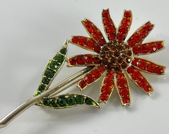 Vintage Orange Rhinestone Daisy Flower Pin