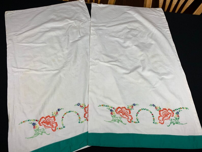 Possibly Old Feedsacks Pillowcases with Hand Embroidery Flowers Pair of Vintage Handmade Green and White Cotton