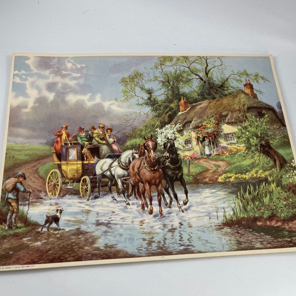 Vintage 1950’s Era Sidney Z. Lucas Print Carriage With People By A Cottage Print Ready For Framing