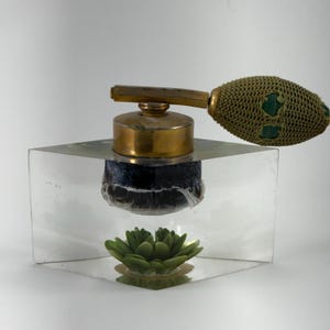 Puede incluir: Un frasco de perfume vintage con una base transparente en forma de cubo. El frasco tiene un atomizador de color latón y una bombilla de red verde. En el interior de la base hay una decoración verde en forma de flor de loto.