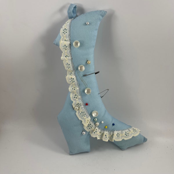 Vintage 1970’s Era Blue High Heel Boot Pincushion With Eyelet Lace and Some Straight Pins and Safety Pins