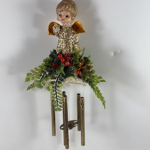 Vintage Christmas Angel with Mistletoe and Holly Wind  Chime