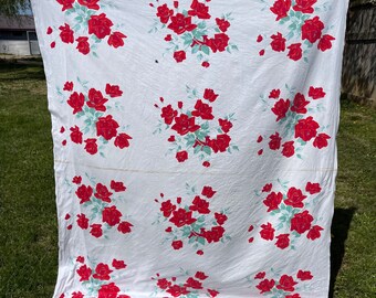 Vintage Wilendur Red Roses Floral Tablecloth for Crafting