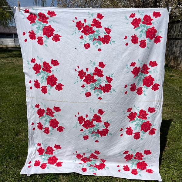 Vintage Wilendur Red Roses Floral Tablecloth for Crafting