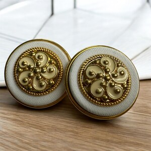 Vintage 1980’s Era Gold Tone and White Round  Clip On Earrings