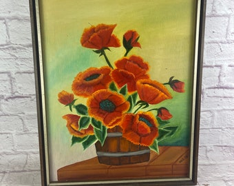 Vintage 1976 Artist Signed Red Poppies Flowers Floral Framed Oil Painting