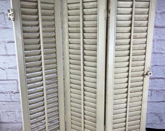 Vintage Set of Painted Taupe Off White Wooden Louvered Hinged Trifold Shutters 30" inches tall