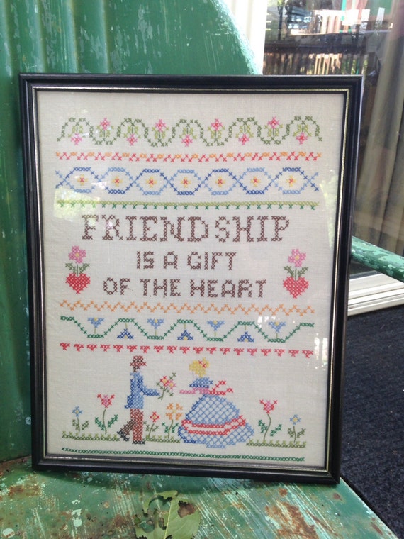 Vintage Friendship Cross Stitch Framed Sampler Picture